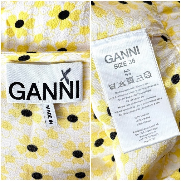 GANNI Daisy Print Crepe Puff Sleeve V-Neck Tie Waist Ruffle Peplum Wrap Top S - Picture 8 of 10
